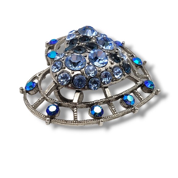 Vintage Large Blue Rhinestone Cluster Silver Tone Heart Pendant - Picture 5 of 6